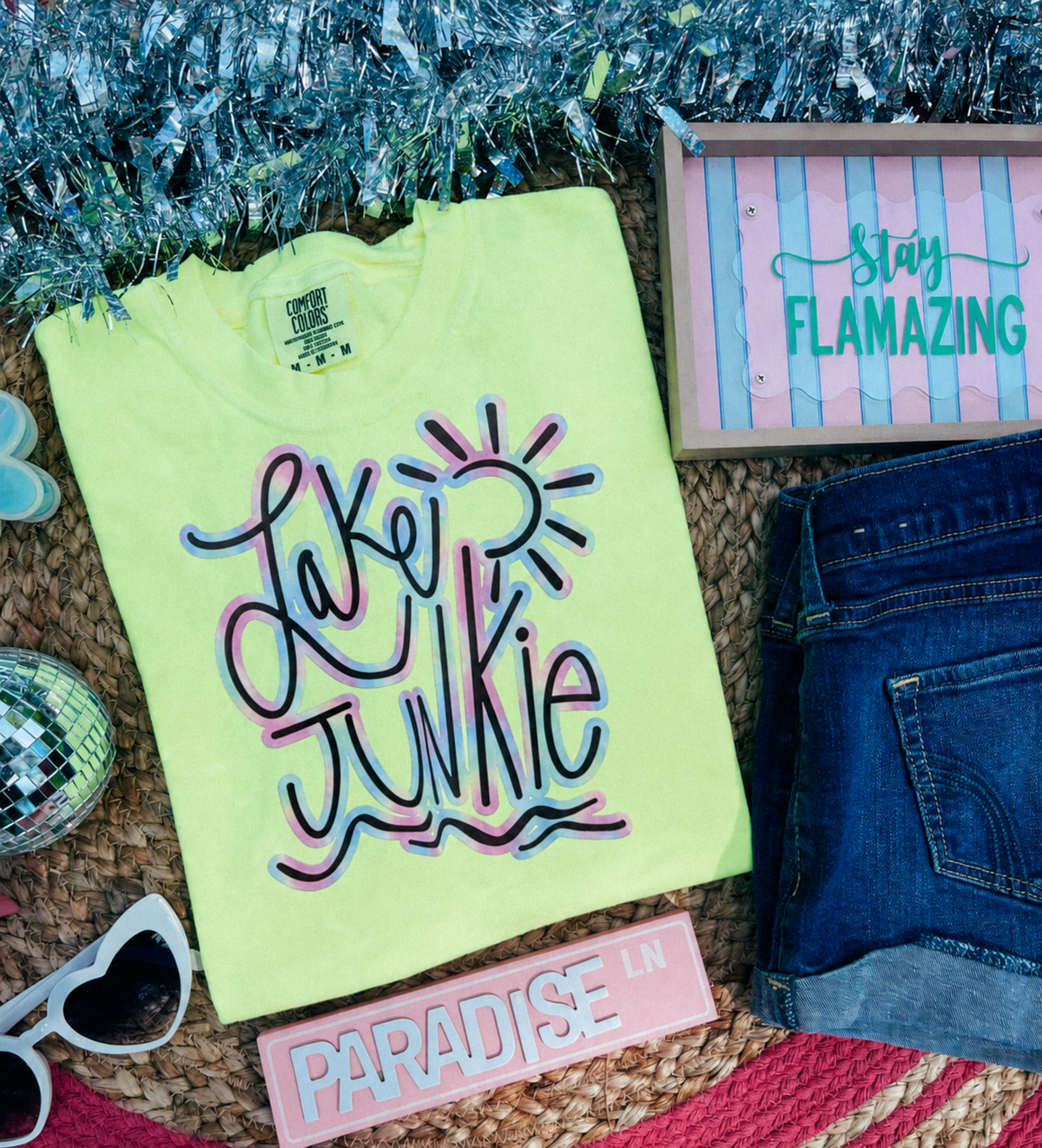 Neon Lemon Lake Junkie DTG graphic shirt with summer flat lay styling