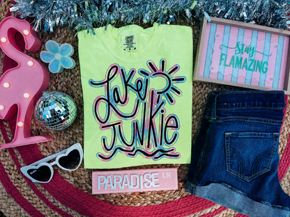 Neon Lemon Comfort Colors Lake Junkie DTG graphic shirt with denim summer outfit flat lay