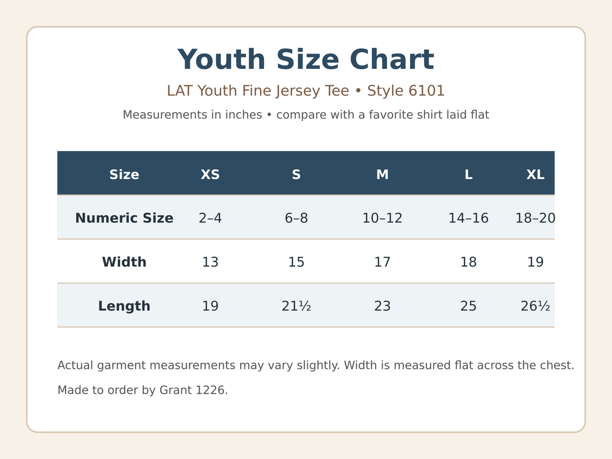 LAT 6101 youth T-shirt size chart for youth XS through XL