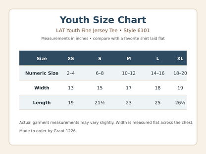 LAT 6101 youth T-shirt size chart for youth XS through XL