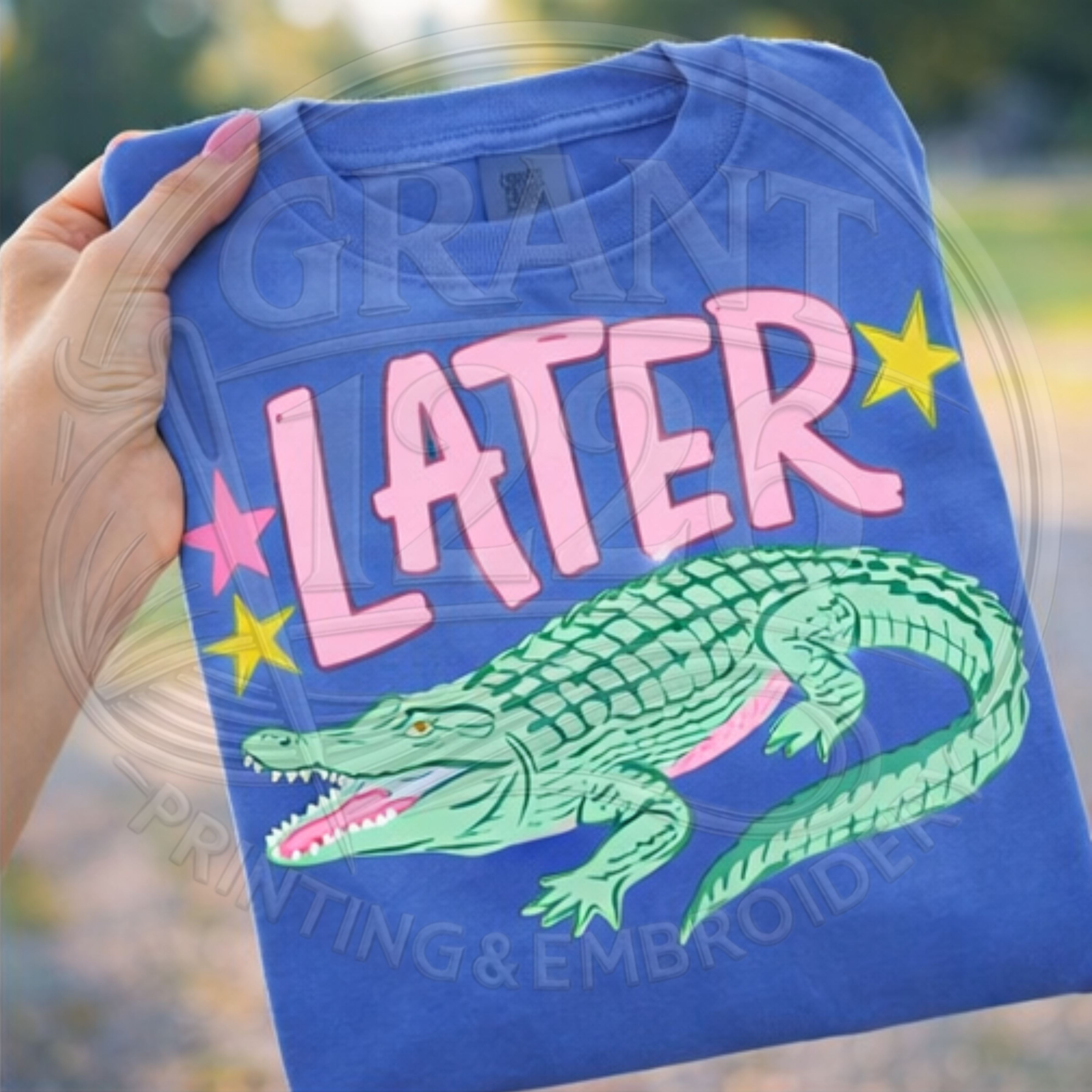 later gator shirt comfort colors blue alligator graphic tee flat lay