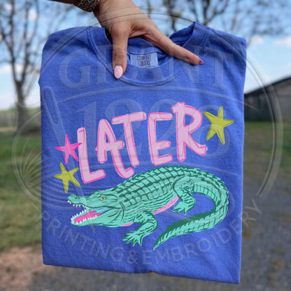 close up alligator graphic later gator shirt comfort colors fabric detail