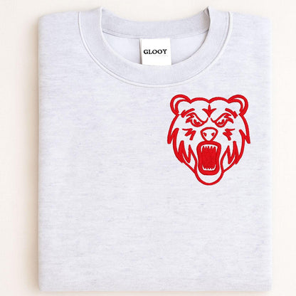 Sport gray sweatshirt with red left-chest bear mascot embroidery folded flat