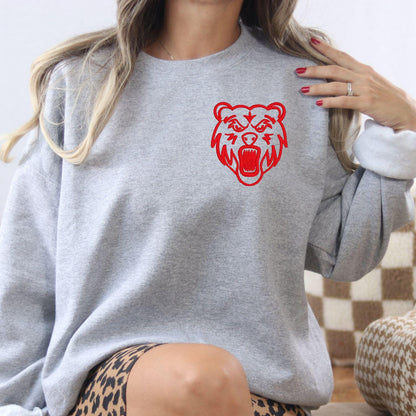 Sport gray sweatshirt showing red bear mascot embroidery at the left chest
