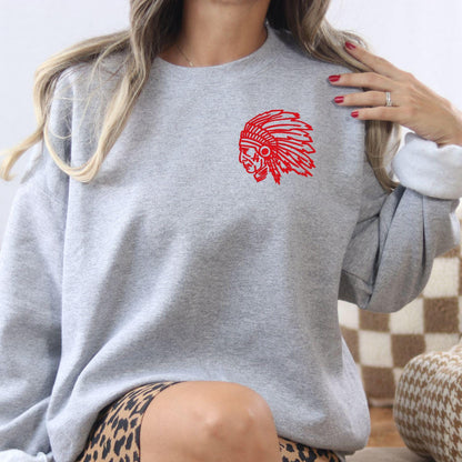 Sport gray left-chest headdress mascot sweatshirt modeled indoors