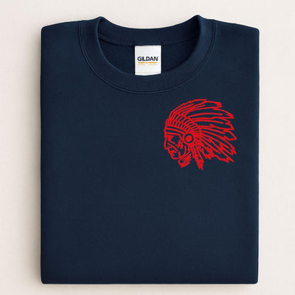 Navy sweatshirt with red left-chest headdress mascot embroidery folded flat