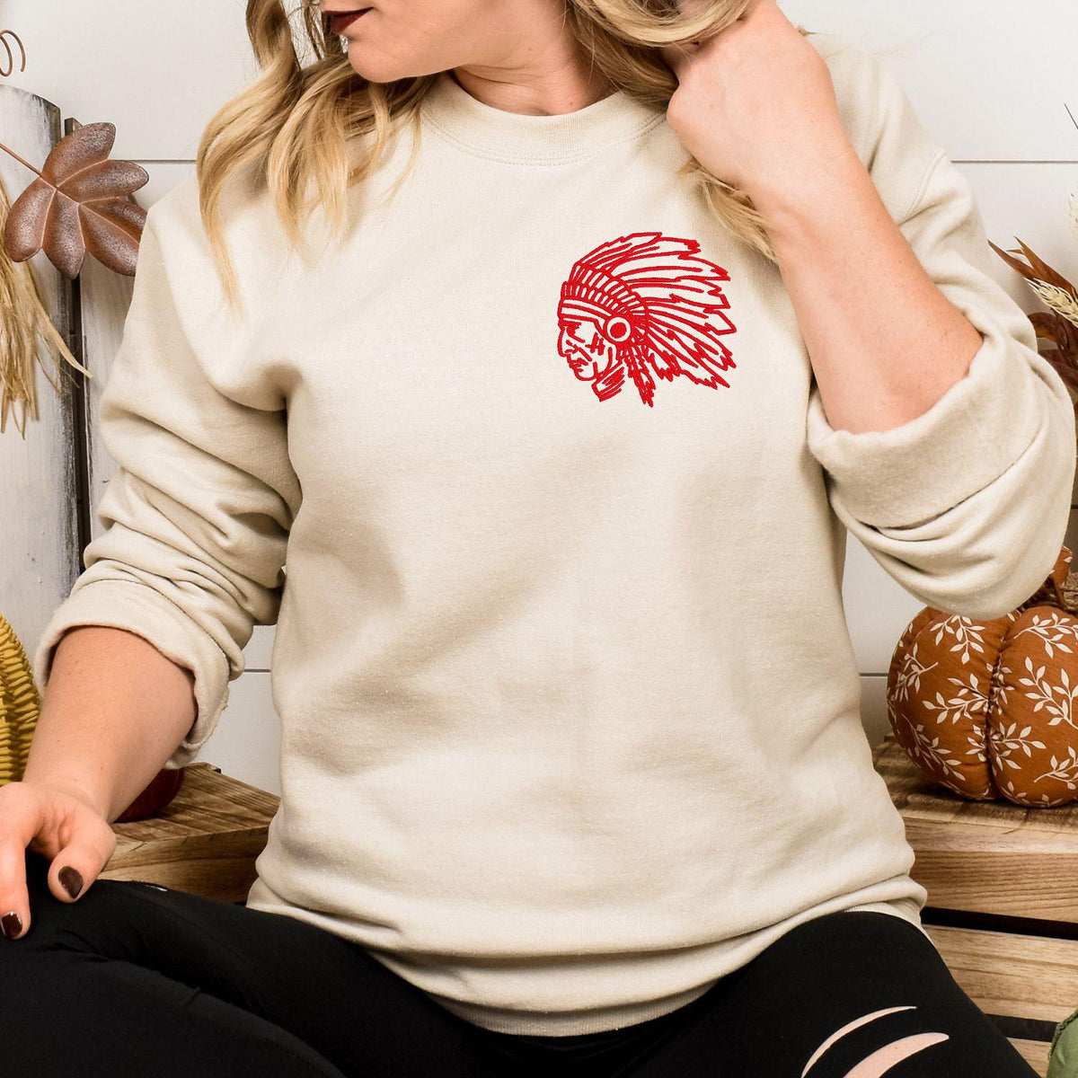 Sand left-chest headdress mascot embroidered sweatshirt modeled indoors