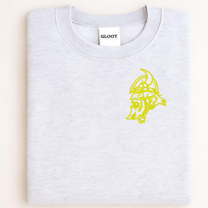 Sport gray Viking mascot embroidered crewneck folded for a front view