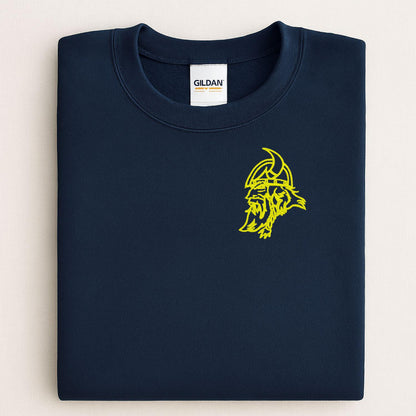 Navy sweatshirt with neon yellow left-chest Viking mascot embroidery folded flat