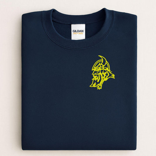Navy sweatshirt with neon yellow left-chest Viking mascot embroidery folded flat