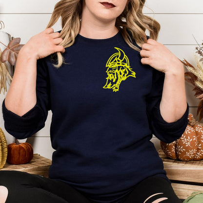 Navy sweatshirt with neon yellow left-chest Viking embroidery modeled indoors