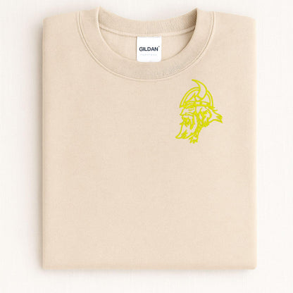 Sand Viking mascot embroidered crewneck folded on a light background