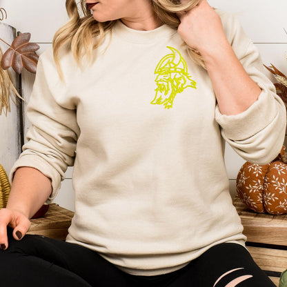 Sand left-chest Viking mascot embroidered sweatshirt modeled indoors