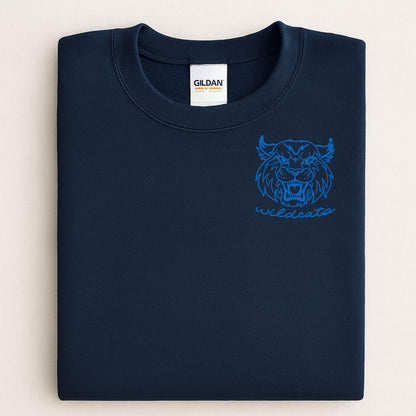 Navy left-chest Wildcats mascot embroidered sweatshirt folded for a front view