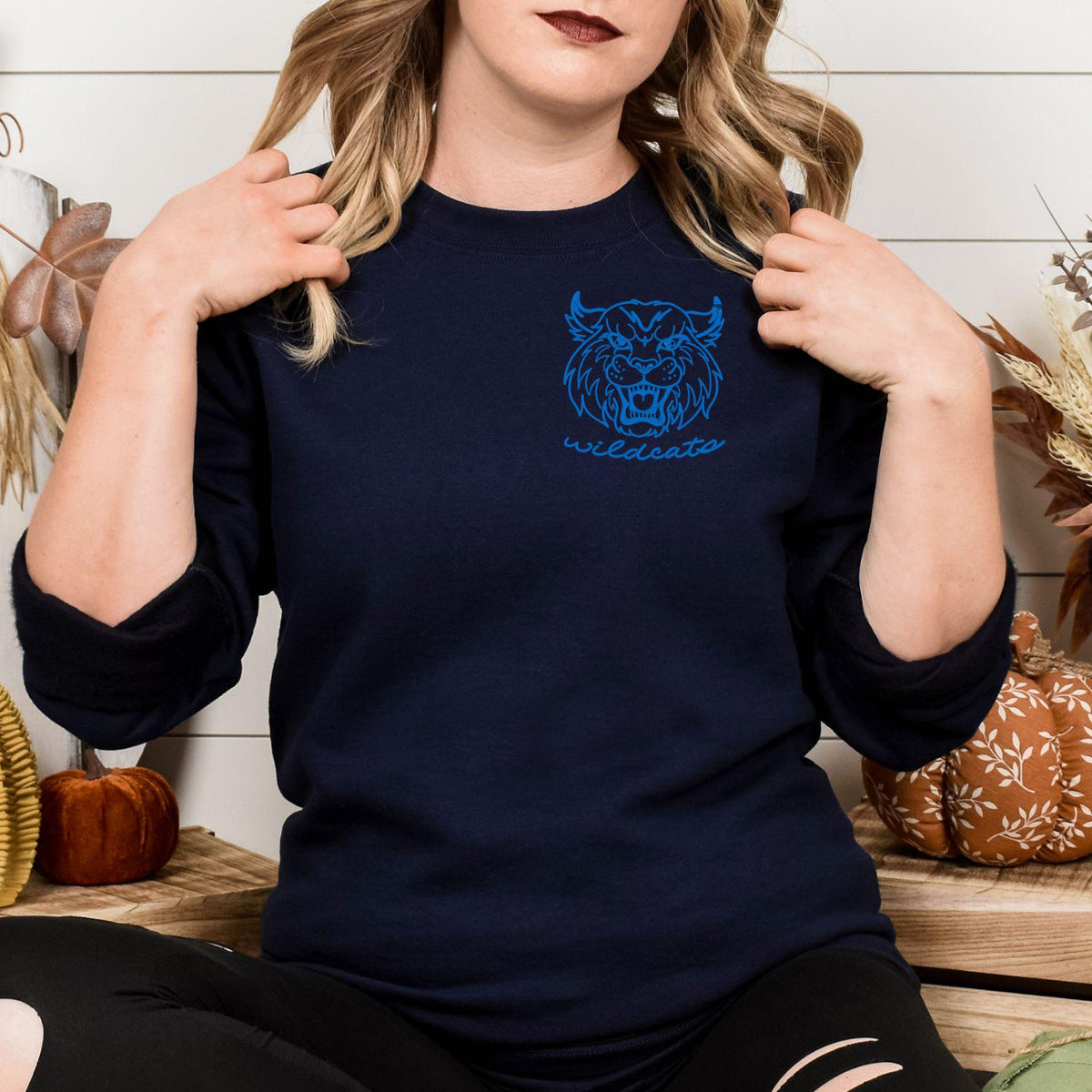 Navy sweatshirt with blue left-chest Wildcats embroidery modeled indoors