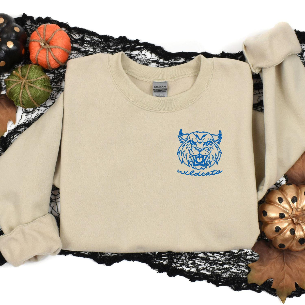 Sand left-chest Wildcats sweatshirt styled with fall pumpkins and black lace