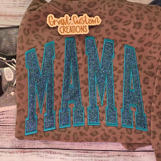 Cotton Collective leopard MAMA sweatshirt with teal glitter vinyl lettering