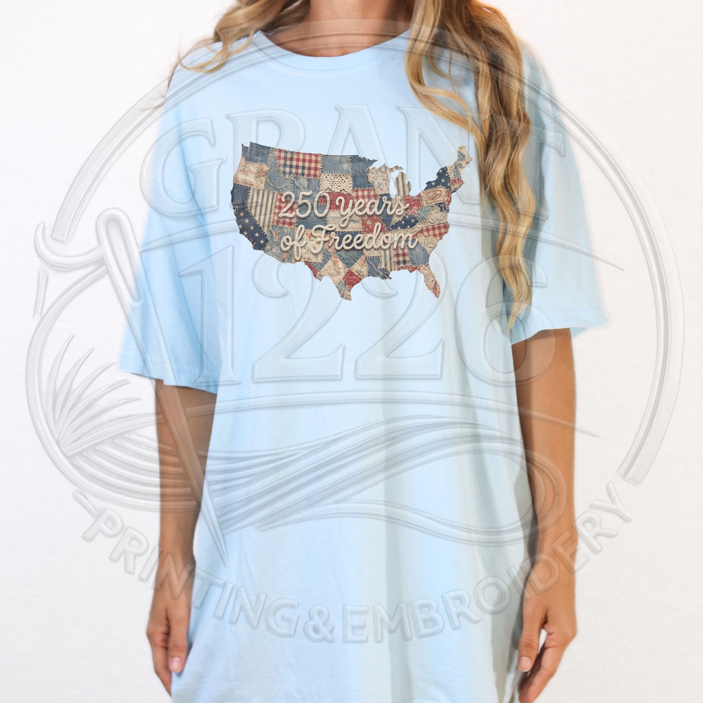 Light blue America 250 patriotic graphic tee for women