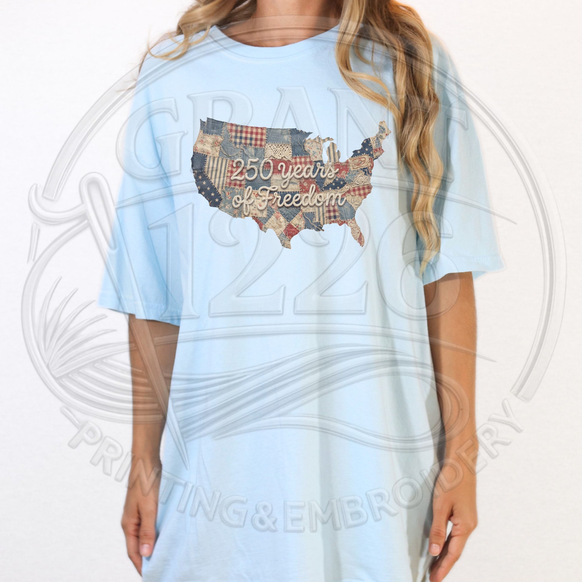 Light blue America 250 patriotic graphic tee for women