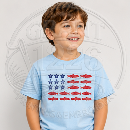 Youth Light Blue patriotic fish flag embroidered T-shirt