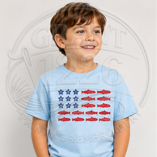 Youth Light Blue patriotic fish flag embroidered T-shirt