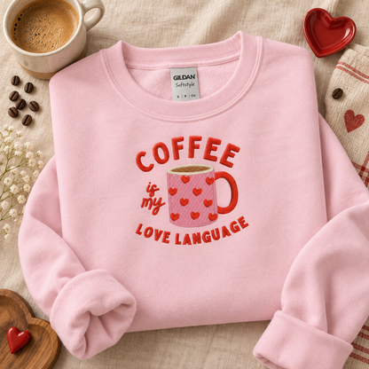 Light Pink Gildan coffee love language embroidered sweatshirt flat lay