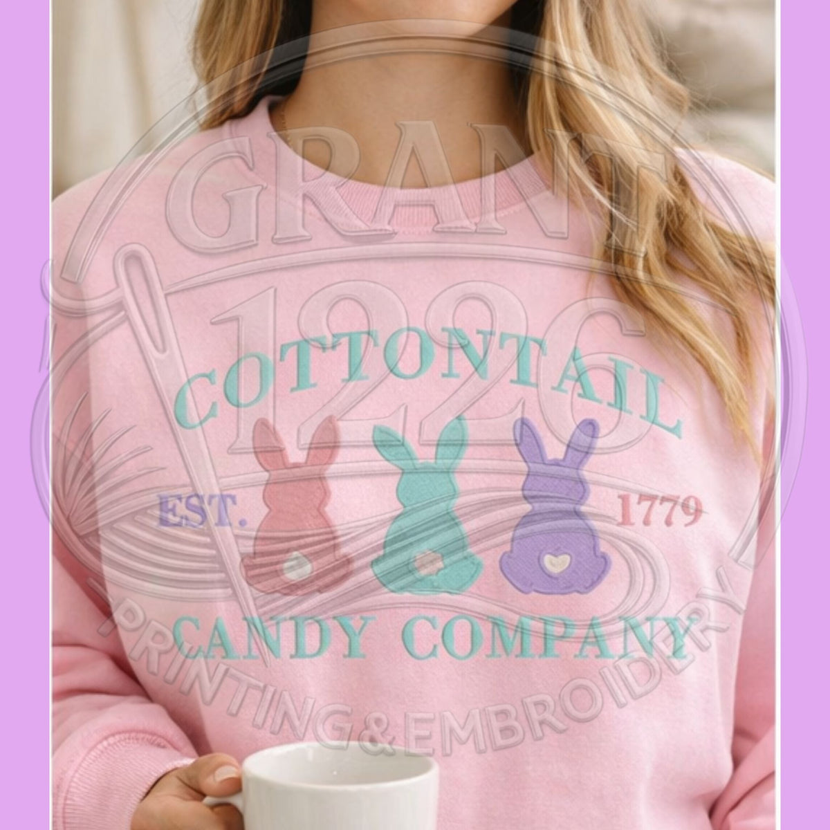 Light pink embroidered Easter bunny crewneck sweatshirt flat lay