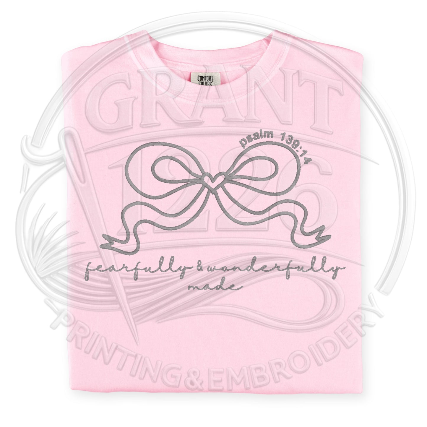 Faith based embroidered bow shirt on blossom Comfort Colors tee