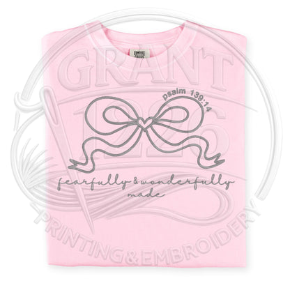Faith based embroidered bow shirt on blossom Comfort Colors tee
