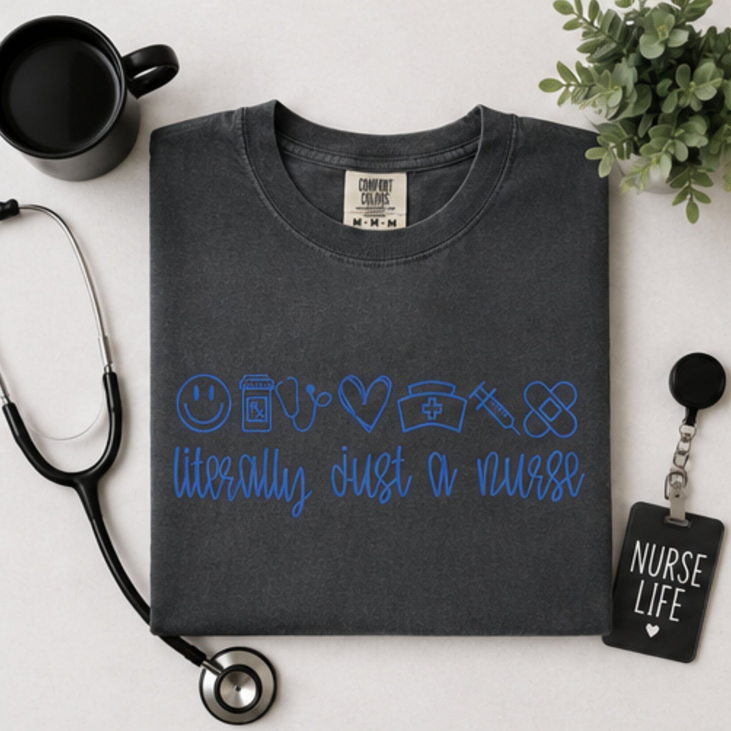 Embroidered Comfort Colors pepper nursing t-shirt with stethoscope and blue embroidered design