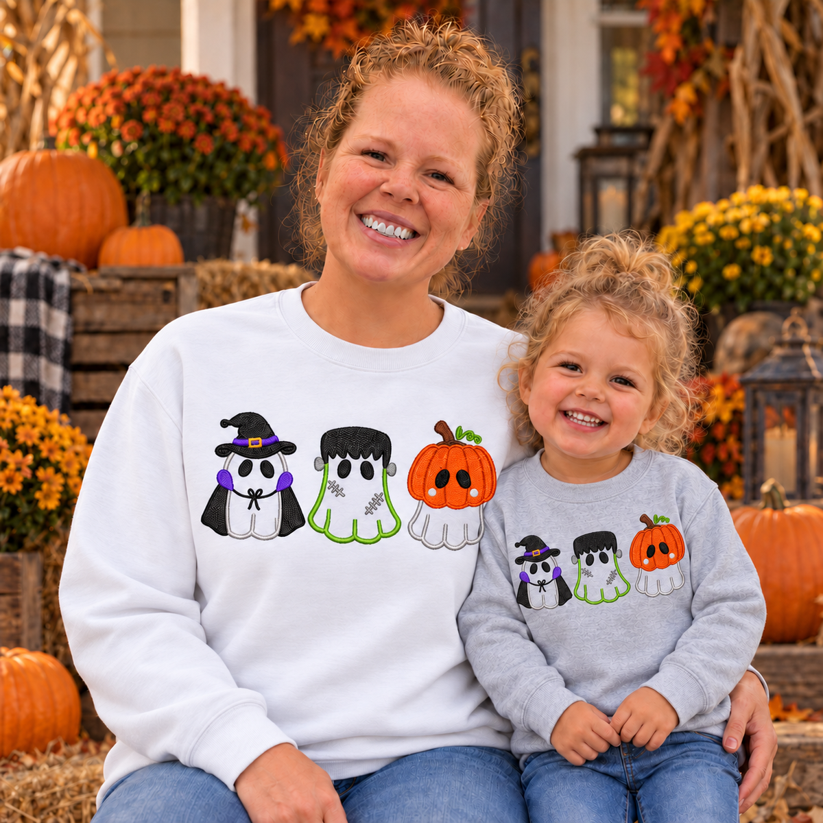 Adult and child wearing Little Halloween Trio sweatshirts with open-body embroidery