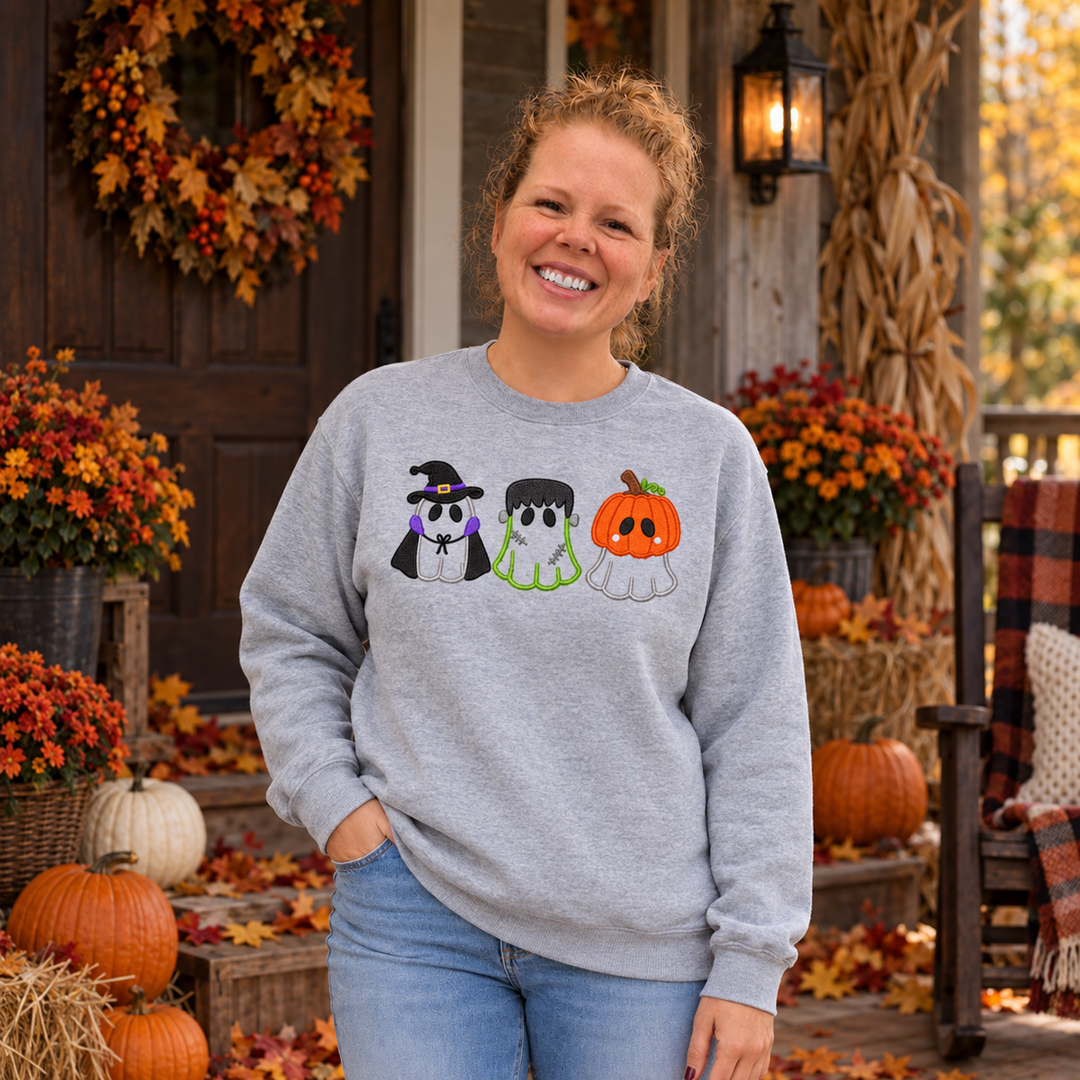 Woman wearing Sport Grey Little Halloween Trio embroidered sweatshirt