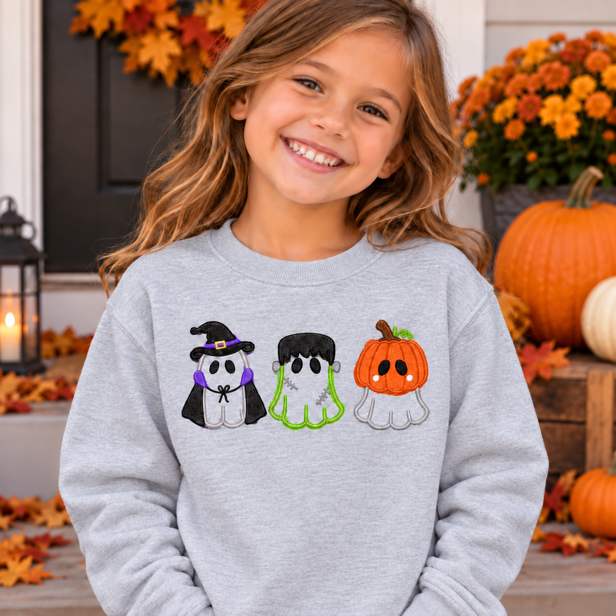 Youth wearing Sport Grey Little Halloween Trio sweatshirt with open-body embroidery