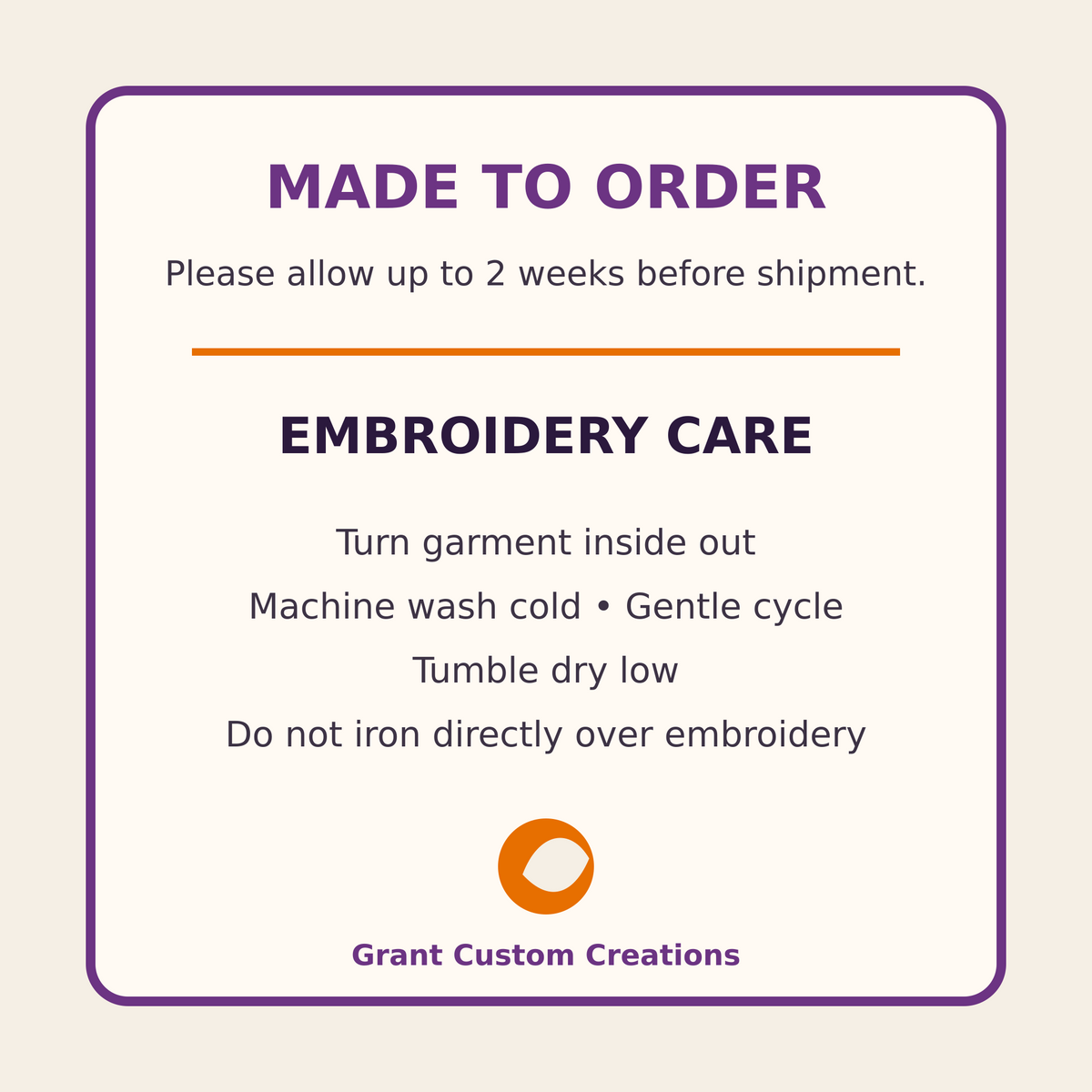Made-to-order embroidered sweatshirt processing and care information
