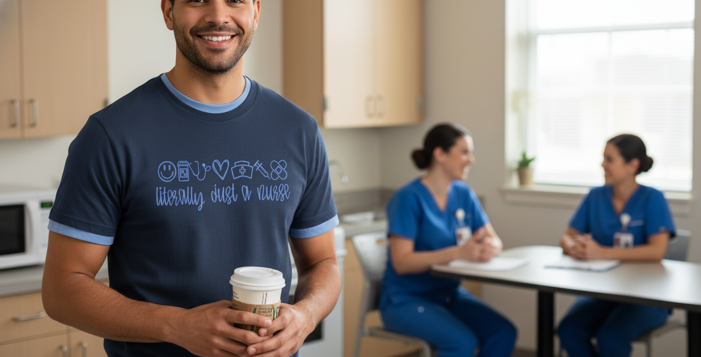 Male nurse wearing embroidered Comfort Colors navy blue nursing t-shirt in hospital break room