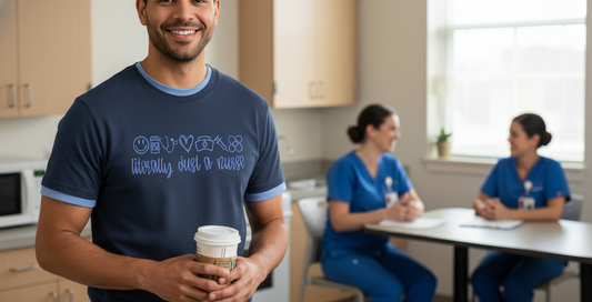 Male nurse wearing embroidered Comfort Colors navy blue nursing t-shirt in hospital break room