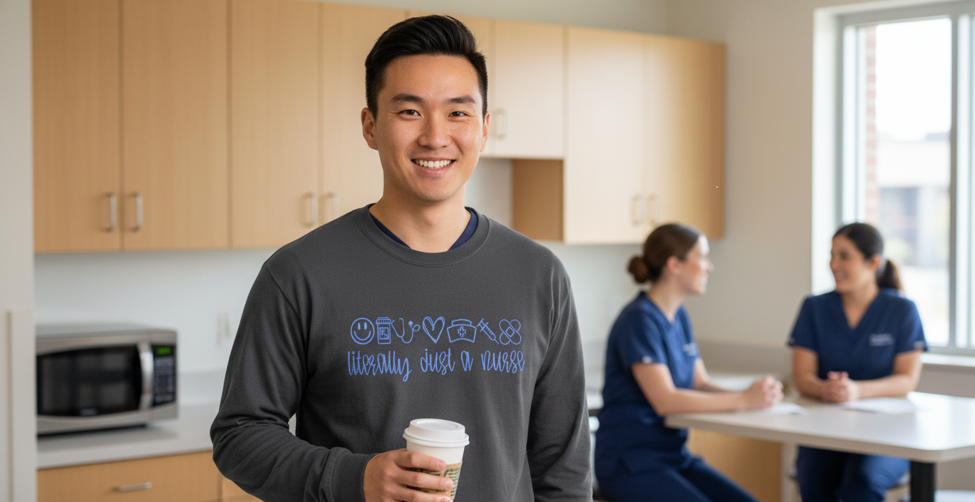 Embroidered Comfort Colors nurse t-shirt modeled by healthcare worker in clinic setting