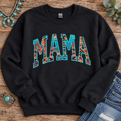 Black MAMA Aztec appliqué crewneck sweatshirt flat lay with western accessories