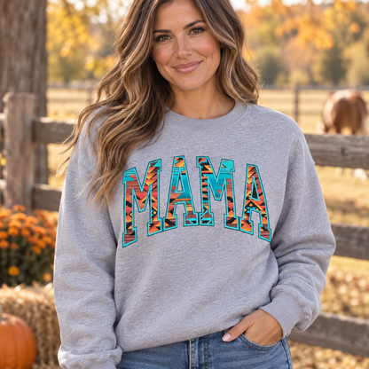 Woman wearing Sport Grey MAMA Aztec appliqué sweatshirt at a fall ranch