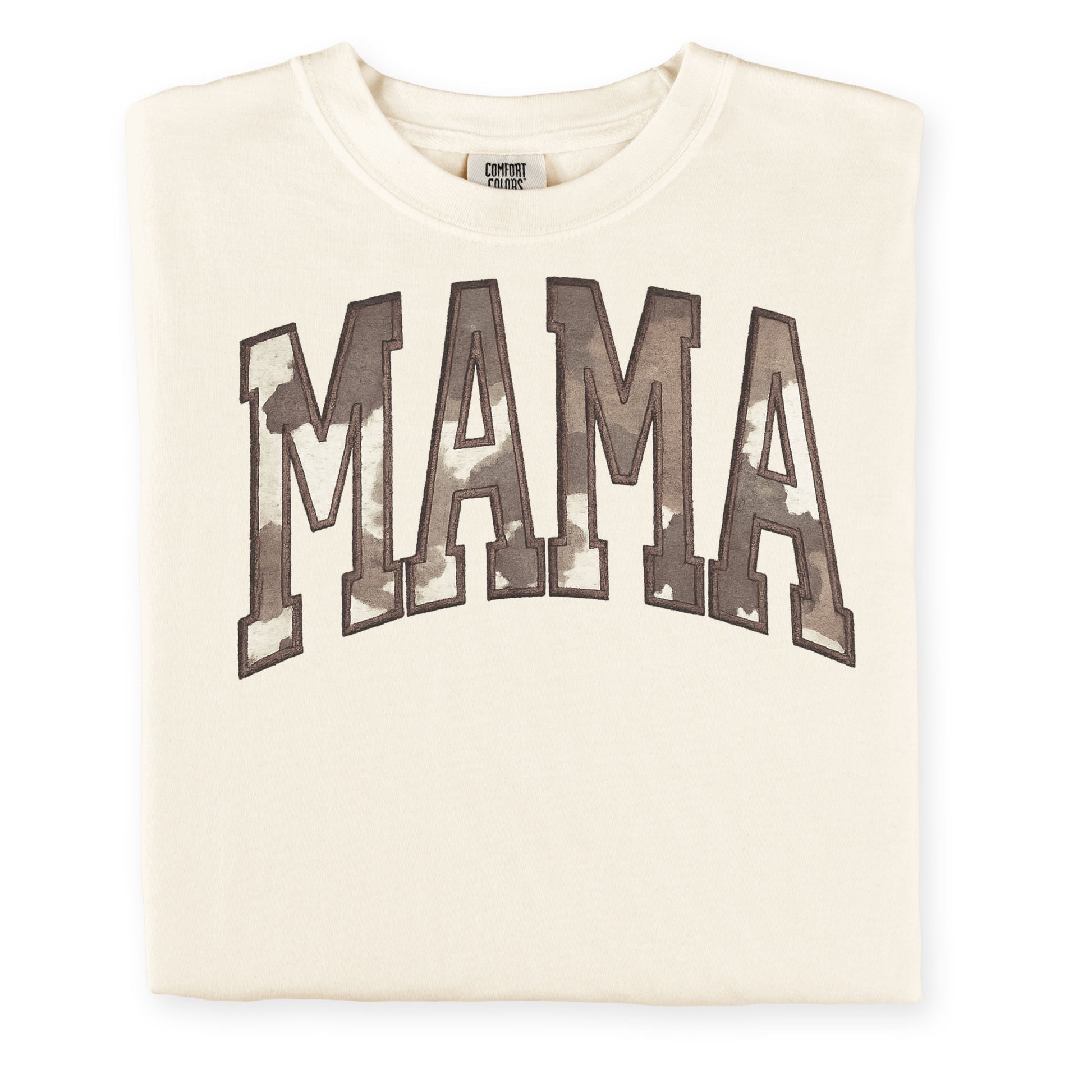 cream embroidered mama applique shirt with neutral cow print design
