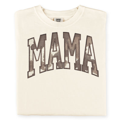 cream embroidered mama applique shirt with neutral cow print design