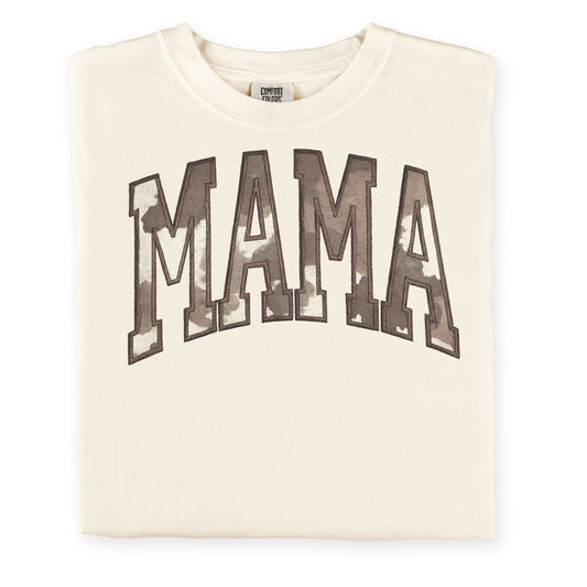 cream embroidered mama applique shirt with neutral cow print design