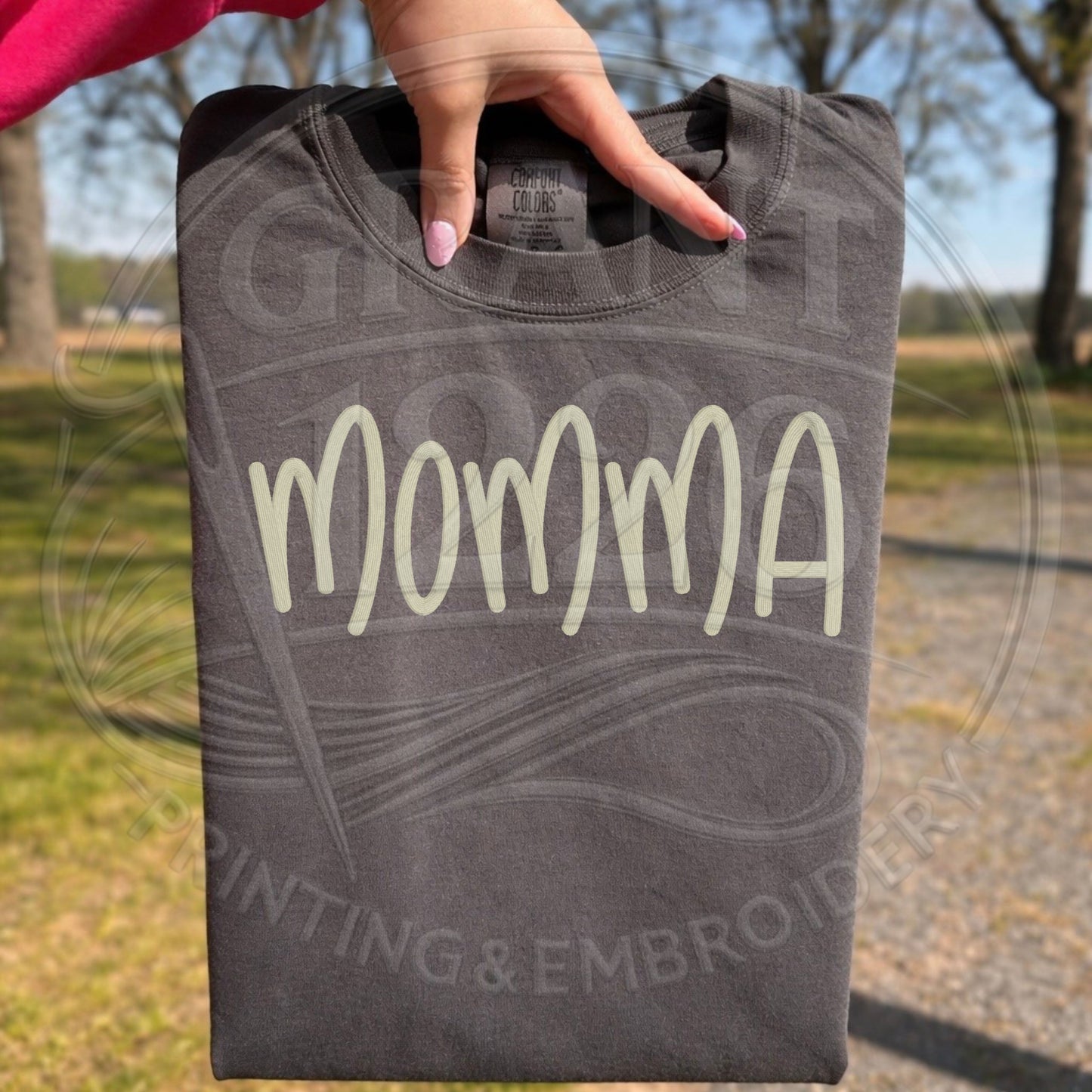 pepper charcoal embroidered mama shirt