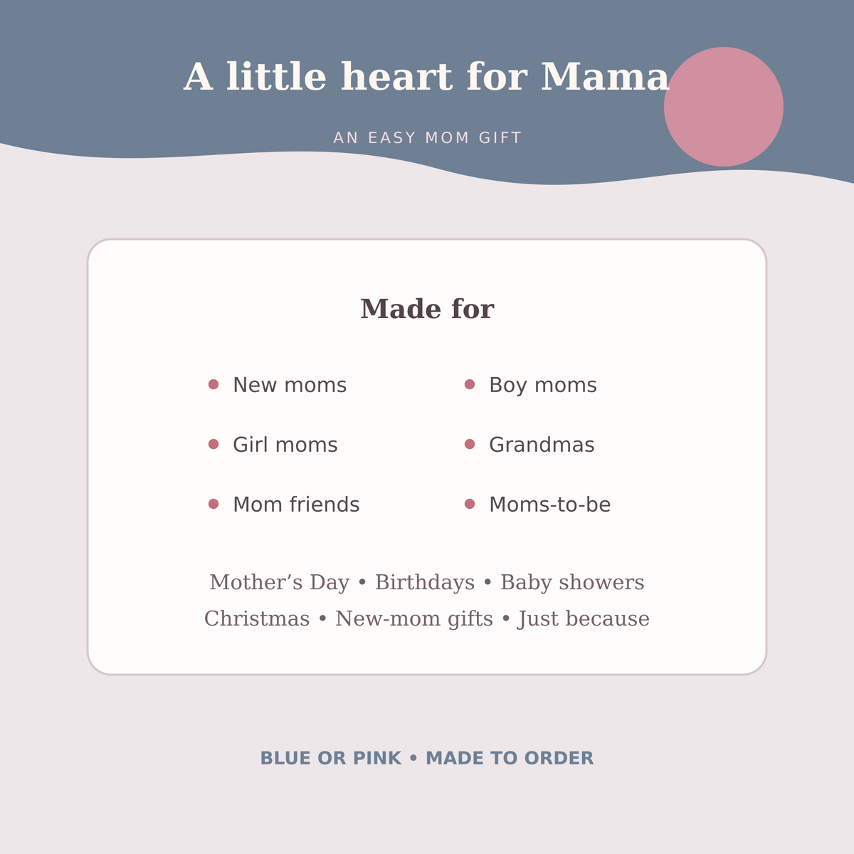 Gift and occasion guide for the Blue or Pink Mama Heart embroidered hat