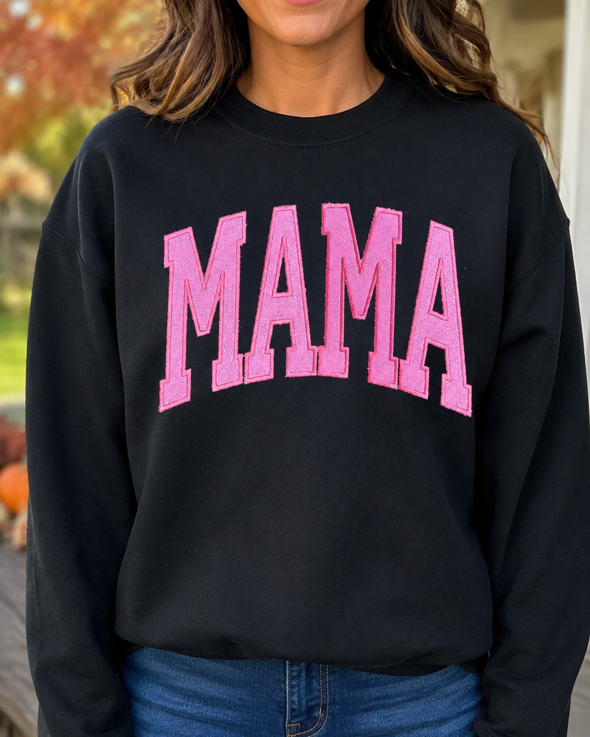 Black Gildan Heavy Blend MAMA sweatshirt with hot pink glitter vinyl appliqué lifestyle mockup