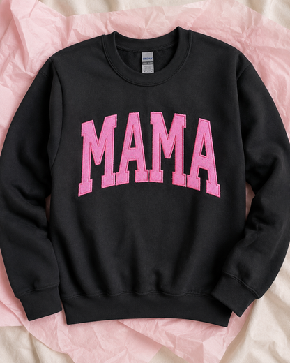 Black MAMA hot pink glitter vinyl appliqué sweatshirt boutique flat lay