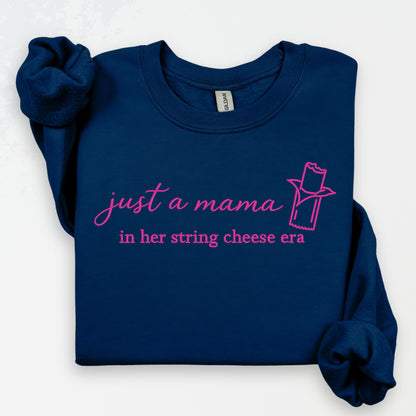 Close-up of embroidered mama lettering on crewneck sweatshirt
