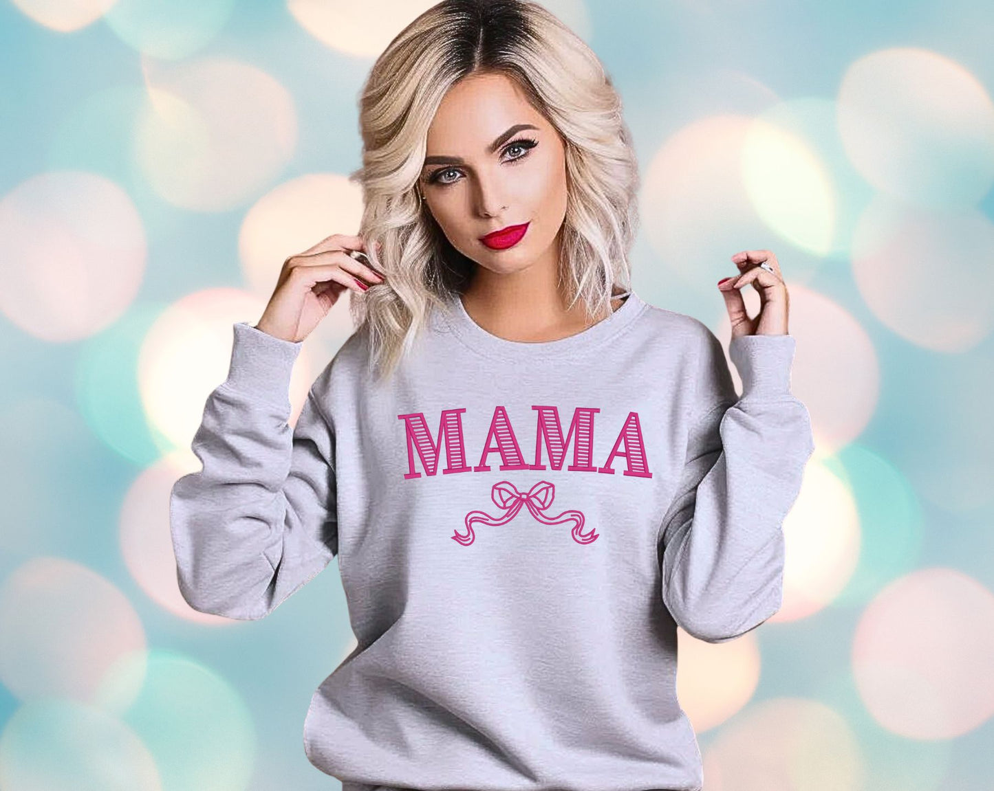 Trendy Embroidered Mama Shirt with Custom Color Options - Coquette Bow Design