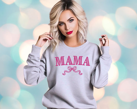 Trendy Embroidered Mama Shirt with Custom Color Options - Coquette Bow Design