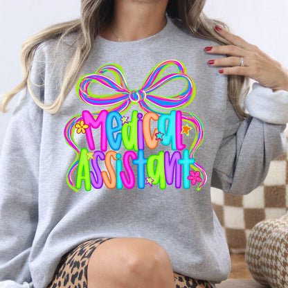 Sport gray neon Medical Assistant sweatshirt modeled indoors